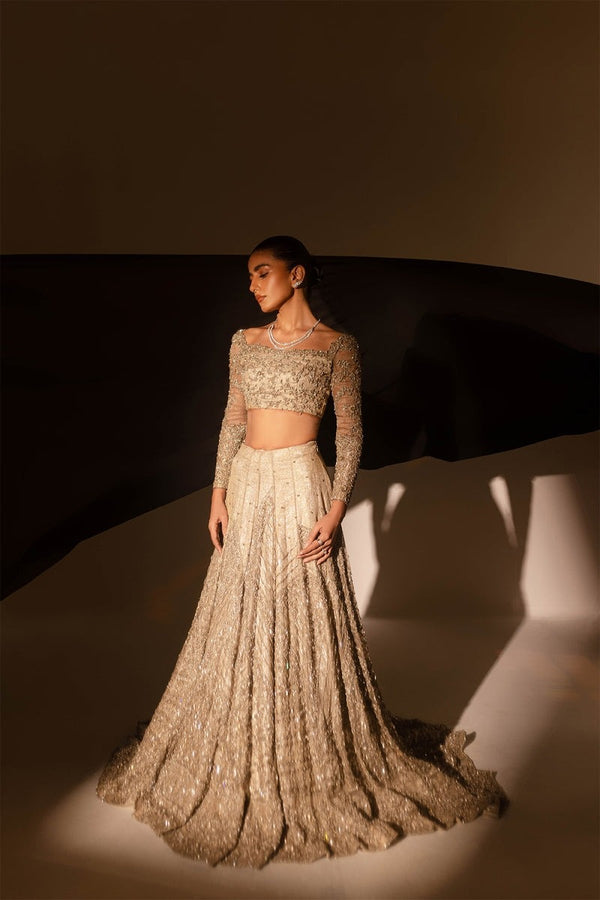 Luxury Champagne Gold Embroidered Bridal Lehenga Choli with Net Dupatta