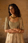 Champagne Gold Embroidered Front Open Maxi with Sharara & Net Dupatta