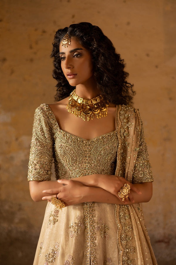 Champagne Gold Embroidered Front Open Maxi with Sharara & Net Dupatta