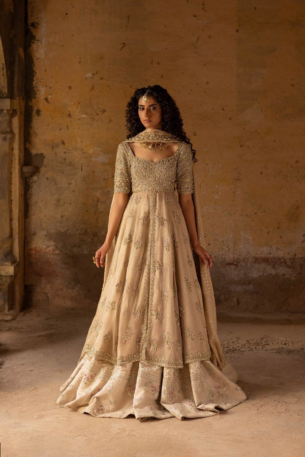 Champagne Gold Embroidered Front Open Maxi with Sharara & Net Dupatta